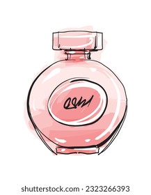 Beautiful round perfume bottle, women s pink glass bottle of toilet water. Modern fashion sketch, watercolor and line. Hand drawn vector illustration isolated on white background.