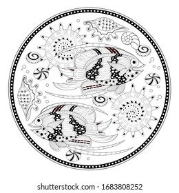 Beautiful round plate with maritime decoration. Medallion with fantastic fishes. Black and white page for coloring book. Modern print for coins, fashion, embroidery, decoration, tattoo. Vector image.