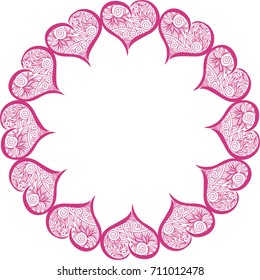 Beautiful round romantic frame of hearts. Vector illustration.