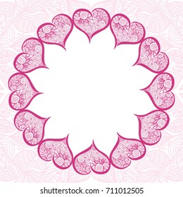 Beautiful round romantic frame of hearts. Vector illustration.