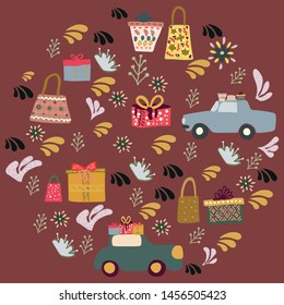 Beautiful round shape with gifts and cars with presents. Vector