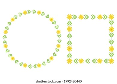 Beautiful round and square floral frame. Yellow flowers and green leaves. White background. Vector illustration.