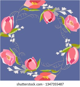 Beautiful round tulip composition. Floral frame. Home decoration, poster, banner, print, textile design element. Vector illustration. 