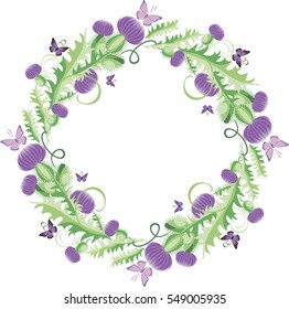 beautiful round vignette in Celtic style with flowers thistle and butterflies