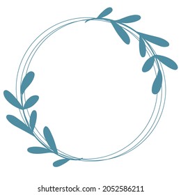 Beautiful round wreath with graceful elongated branches with sheets, vector illustration. Circular botanical template for congratulations or invitations. Hand drawn graphics, contour with leaves.