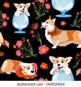 Beautiful Royal Corgi. Furry beast. King's dog. Seamless pattern