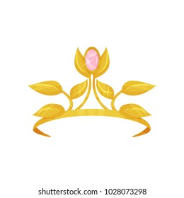Beautiful royal crown decorated with golden petals and precious pink stone. Shiny princess tiara. Accessory of queen. Expensive jewelry. Colorful flat vector design