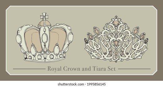 A beautiful Royal Crown and Tiara set ink drawing element perfect use for decoration, holiday, celebration, wedding, birthday, greeting, Thank you card, invitation, fashion, Beauty, Tattoo, use. 