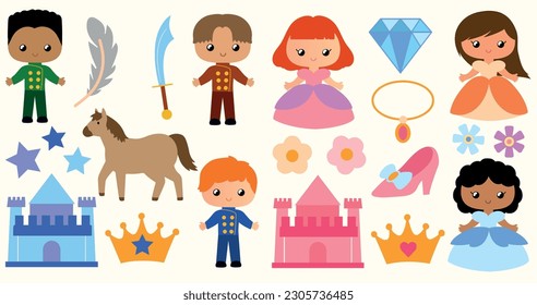 Beautiful royal prince and princess flat sticker set. Children's set of dolls, crown, horse, shoe, Cinderella, castle, diamant decoration. Cute beautiful children's cartoon set.