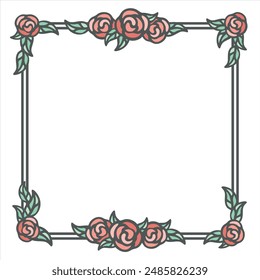 Beautiful royal regal vintage rose frame border in bold outline hand drawing for greetings card wedding invitation etc