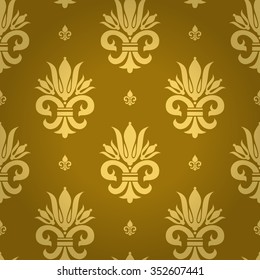 Beautiful royal seamless pattern with soft gold fleur de lys ornament elements on elegant golden vignette background. Wallpaper, curtain design seamless pattern. Seamless background. Seamless backdrop