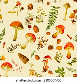 Beautiful rpeated Seamless autumn forest theme pattern with another floral and mushrooms image assets, fall, t-shirts, texture perfect for mugs, fabrics, packaging, POD etc free Vector illustration