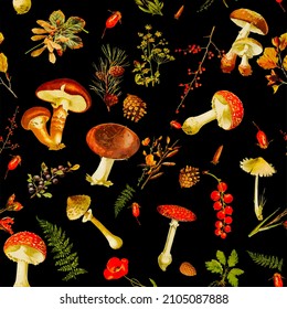 Beautiful rpeated Seamless autumn forest theme pattern with another floral and mushrooms image assets, fall, t-shirts, texture perfect for mugs, fabrics, packaging, POD etc free Vector illustration