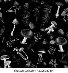 Beautiful rpeated Seamless autumn forest theme pattern with another floral and mushrooms image assets, fall, t-shirts, texture perfect for mugs, fabrics, packaging, POD etc free Vector illustration