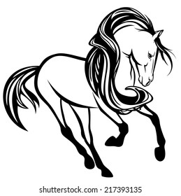 beautiful running horse with art nouveau style long mane - black and white vector design
