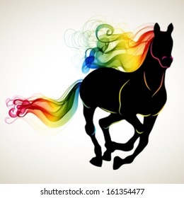 Beautiful running Horse black silhouette with bright color abstract tail and mane, for 2014 New Year design, Vector