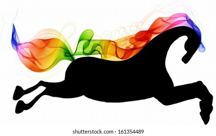 Beautiful running Horse black silhouette with bright color abstract tail and mane, for 2014 New Year design, Vector