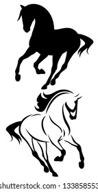 beautiful running horse vector outline and silhouette - black and white illustration