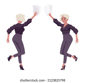 Beautiful running pose blonde woman, white dyed hair, business outfit. Office attire lady, professional chic work outfits. Vector flat style cartoon illustration isolated on background, front, rear