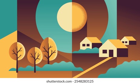 Hermoso paisaje abstracto rural en estilo de dibujos animados simples. Escena con casa, campos agrícolas, árboles, carretera y cielo soleado y nublado. Sol y árboles con textura