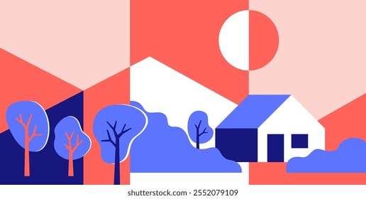 Hermoso paisaje abstracto rural en estilo de dibujos animados simples. Escena con casa, campos agrícolas, árboles, carretera y cielo soleado y nublado. Colores azul y rosa