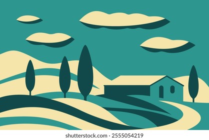 Beautiful rural abstract landscape in simple cartoon style. Scene with house, agricultural fields, trees, road and sunny, cloudy sky. pastel colors