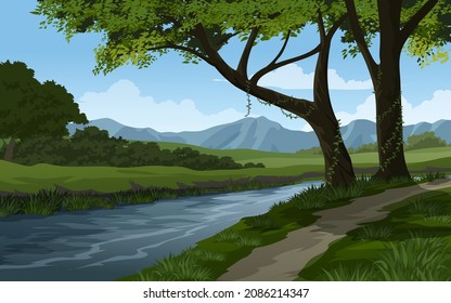 Beautiful rural forest landscape with river