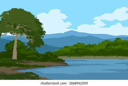 Beautiful rural forest with river and mountain