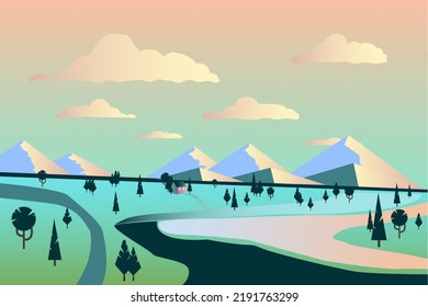 Beautiful rural landscape, abstract minimalistic illustration. The concept of travel. Cartoon vector illustrations. Design for the development of web design, graphics of the natural landscape.