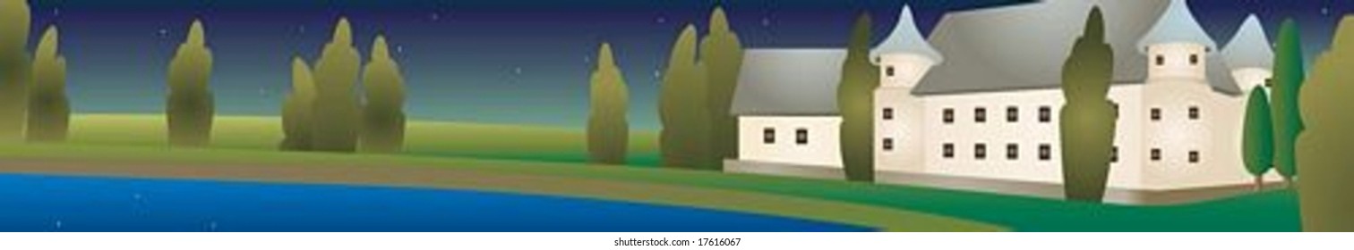 Beautiful rural Landscape Banner - enjoy relaxed lifestyle in wonderful European resort on summer holiday background with dark night sky : vector illustration