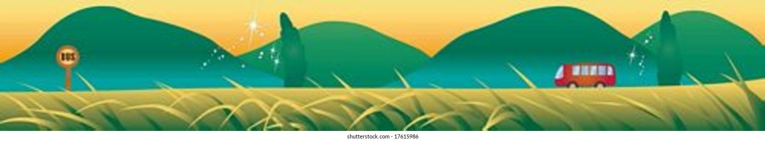 Beautiful rural Landscape Banner - nostalgia of happy childhood background with romantic orange sky and green mountain : vector illustration