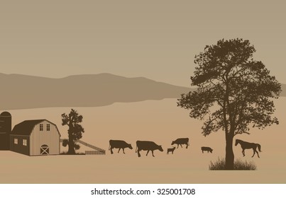 Beautiful rural landscape with barn and farm animals on retro style, vector illustration