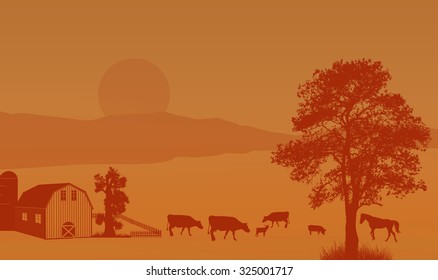Beautiful rural landscape with barn and farm animals on retro style, vector illustration