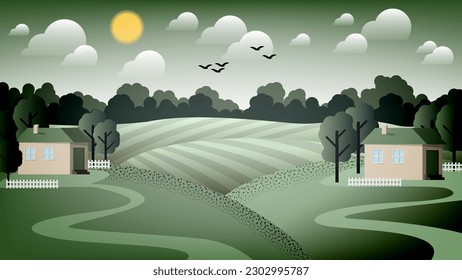 Beautiful rural landscape. Country houses with yards, gardens, fences against the background of fields, forests, sky with the sun, clouds, flying birds. Flat design. Vector.