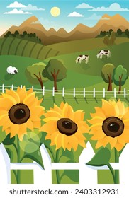 Beautiful Rural landscape. Farm scenery with agricultural fields, grazing cows, green meadow and sunflowers. Village panorama in summer. Agriculture and farming. Cartoon flat vector illustration