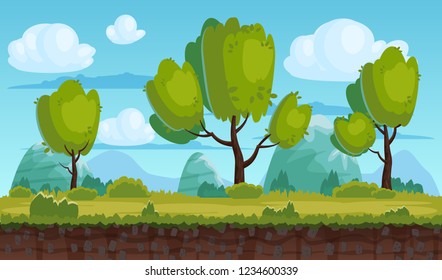 Beautiful rural landscape, fields, trees. Background mountains, clouds. For games, applications, animations, vector, isolated, cartoon style