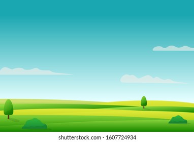 Beautiful rural landscape with green field with blue sky vector illustration - minimalist nature landscape background 