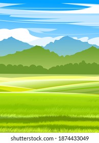 Beautiful rural landscape. Hilly meadows and pastures. Summer green scenery. Blue sky with clouds. Flat style. Vector