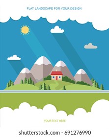 Beautiful rural landscape with houses and mountain views. The village road to the garden, field. Spring Summer Autumn. Flat design style vector illustration.