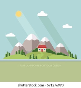 Beautiful rural landscape with houses and mountain views. The village road to the garden, field. Spring Summer Autumn. Flat design style vector illustration.