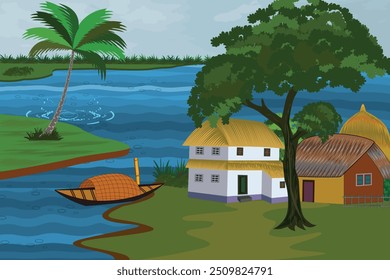 Beautiful rural landscape image featuring a serene river, majestic trees, charming houses, and green meadows with a boat on calm waters nearby