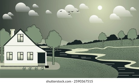 Beautiful rural landscape in light green tones. Cute house near the river against the background of fields, hills, forest, sky with sun, clouds, flying birds. Vector.