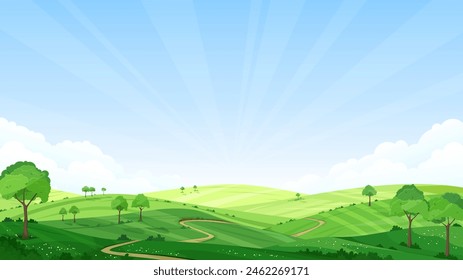 A beautiful rural landscape. The meadows and pastures are covered with green grass, trees and bushes. A path running through the field. Summer sunny day. Blue sky. Vector illustration.