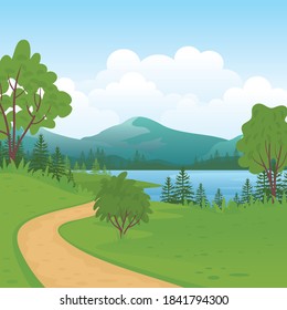 Beautiful rural landscape with path, hill, sea or lake and mountain vector Illustration
