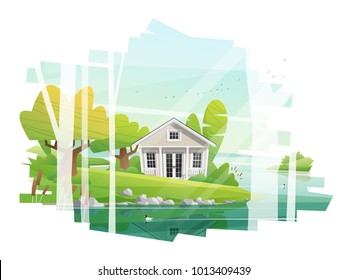 Beautiful rural landscape and a small house background , vector , illustration