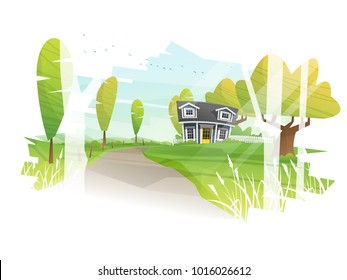 Beautiful rural landscape and a small house background , vector , illustration