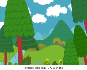 Beautiful rural scenery with trees and fields on the rolling hills at the foot of the ridge.View of mountains, green meadows and a river. Carpathian mountains.