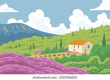 Beautiful rural southern landscape with nature and house. Farm vineyards, cypress trees, lavender flowers and mountains. French Provence. Vector art illustration