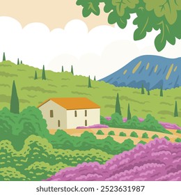 Beautiful rural southern landscape with nature and house. Farm vineyards, cypress trees, lavender flowers and mountains. French Provence. Vector art illustration