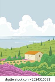 Beautiful rural southern landscape with nature and house. Farm vineyards, cypress trees, lavender flowers and mountains. French Provence. Vector art illustration